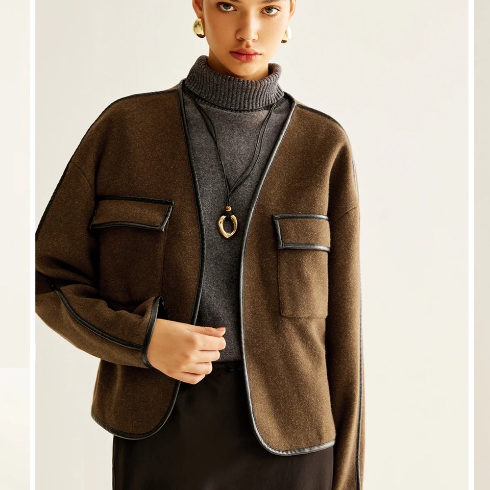NEW Commense Contrast Trim Tweed Brown Black Trim Open Lightweight Coat, Medium - Picture 4 of 14